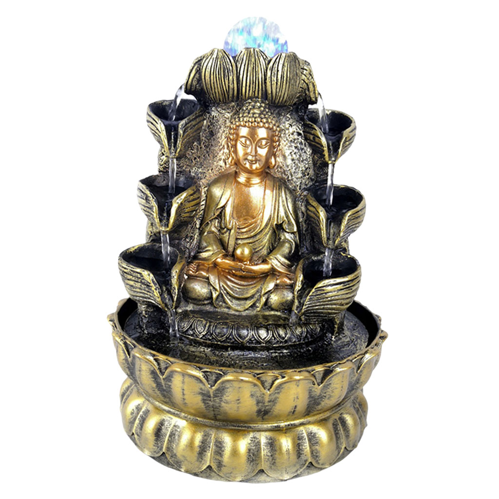 Home Decorations Resin Flowing Water Waterfall Led Fountain Buddha Statue Lucky Feng Shui Ornaments Landscape Decor