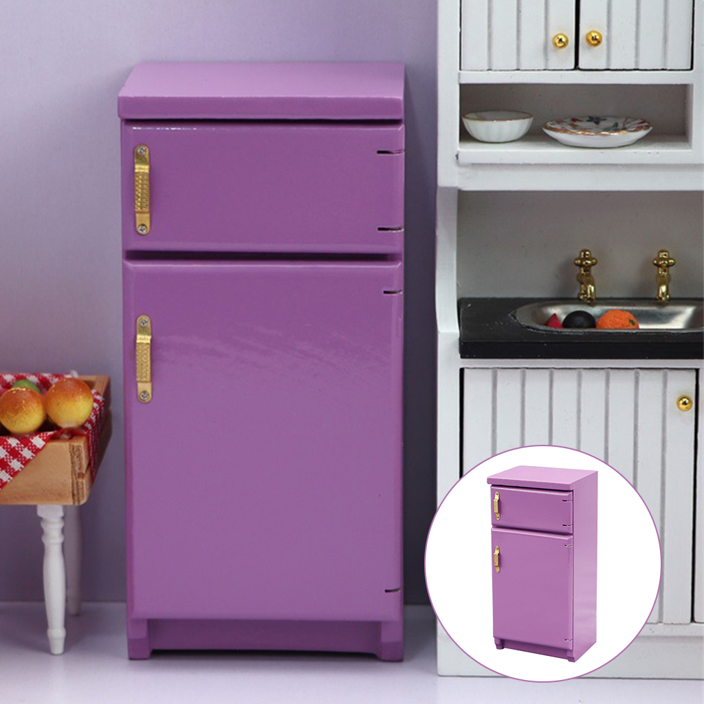 Purple 1/12 Miniature Wooden Fridge Dollhouse Accessory Kitchen Furniture