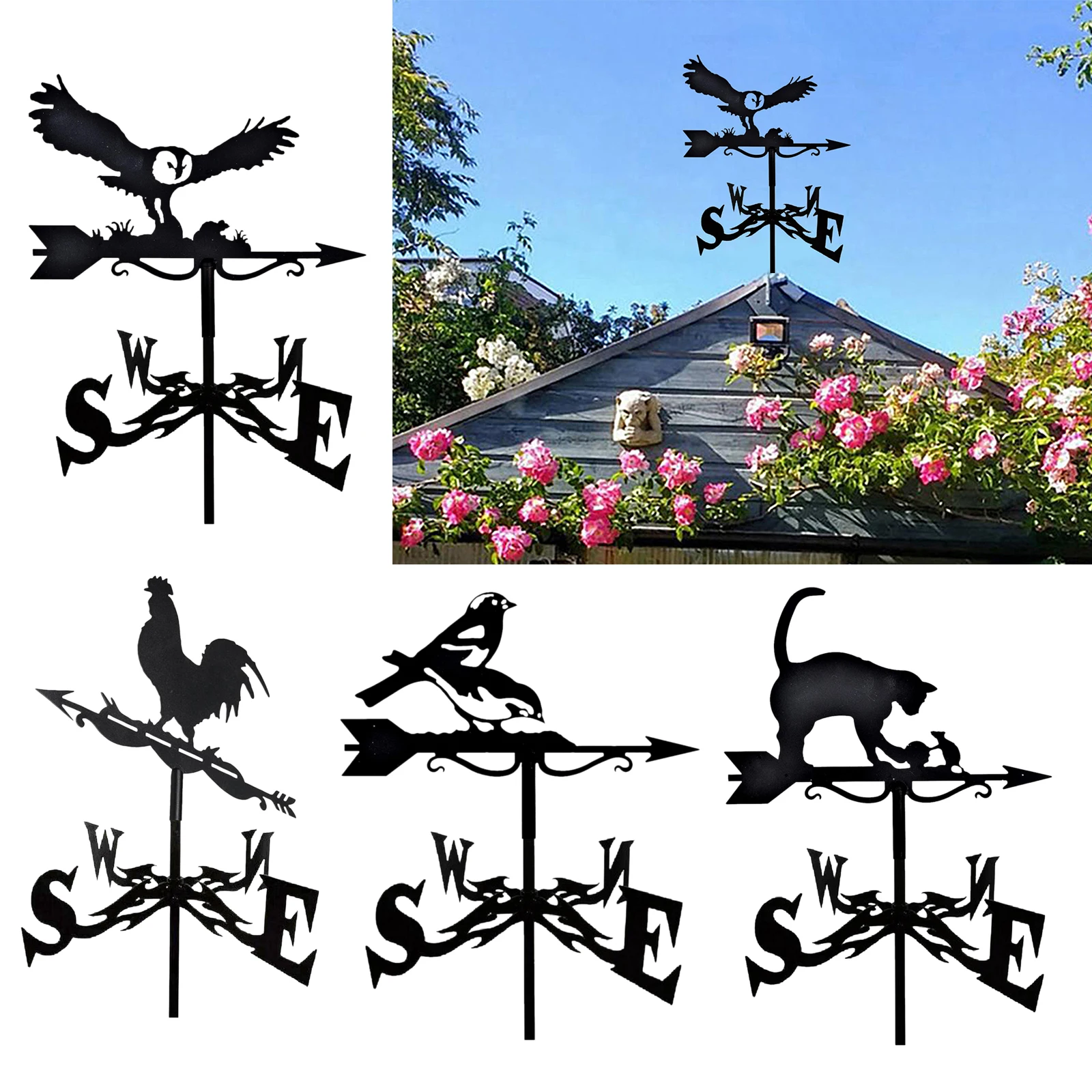Metal Craft Wind Vane Weathervane with Animal Silhouette Ornament Roof Mount Weather Vane Farm Scene Garden Stake Art