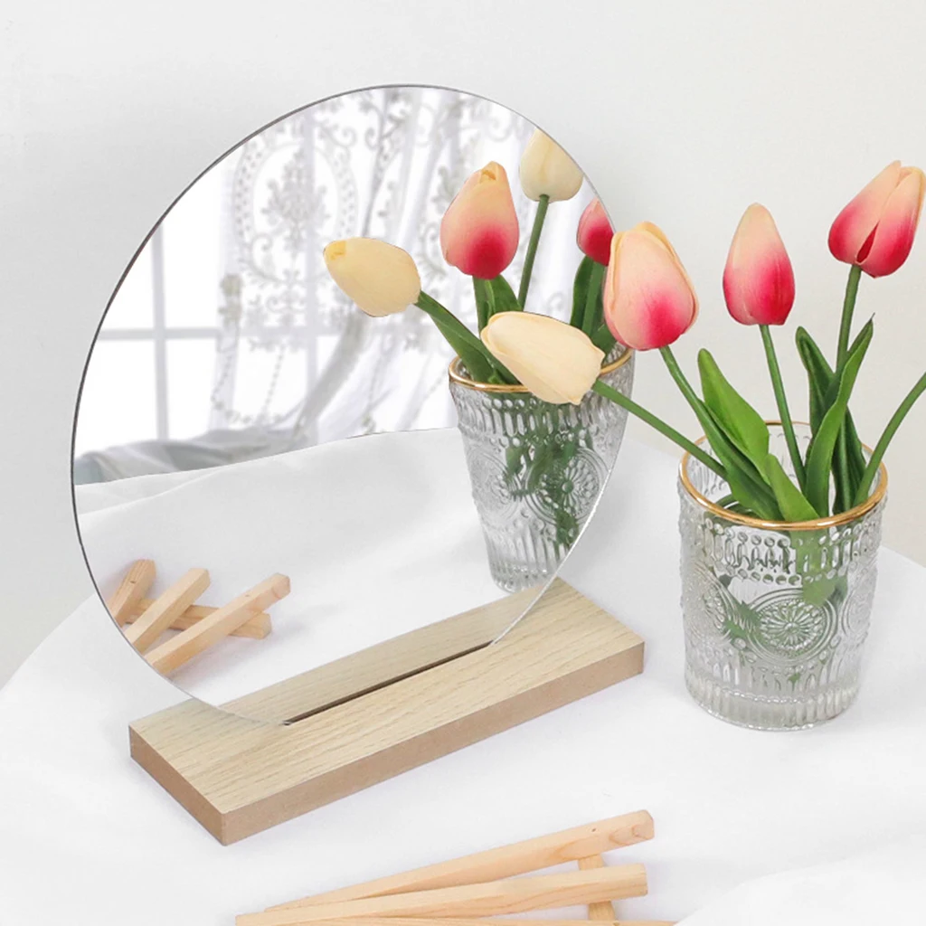 Frameless Irregular Acrylic Makeup Mirror Vanity Decorative Mirror Wooden Base for Bedroom