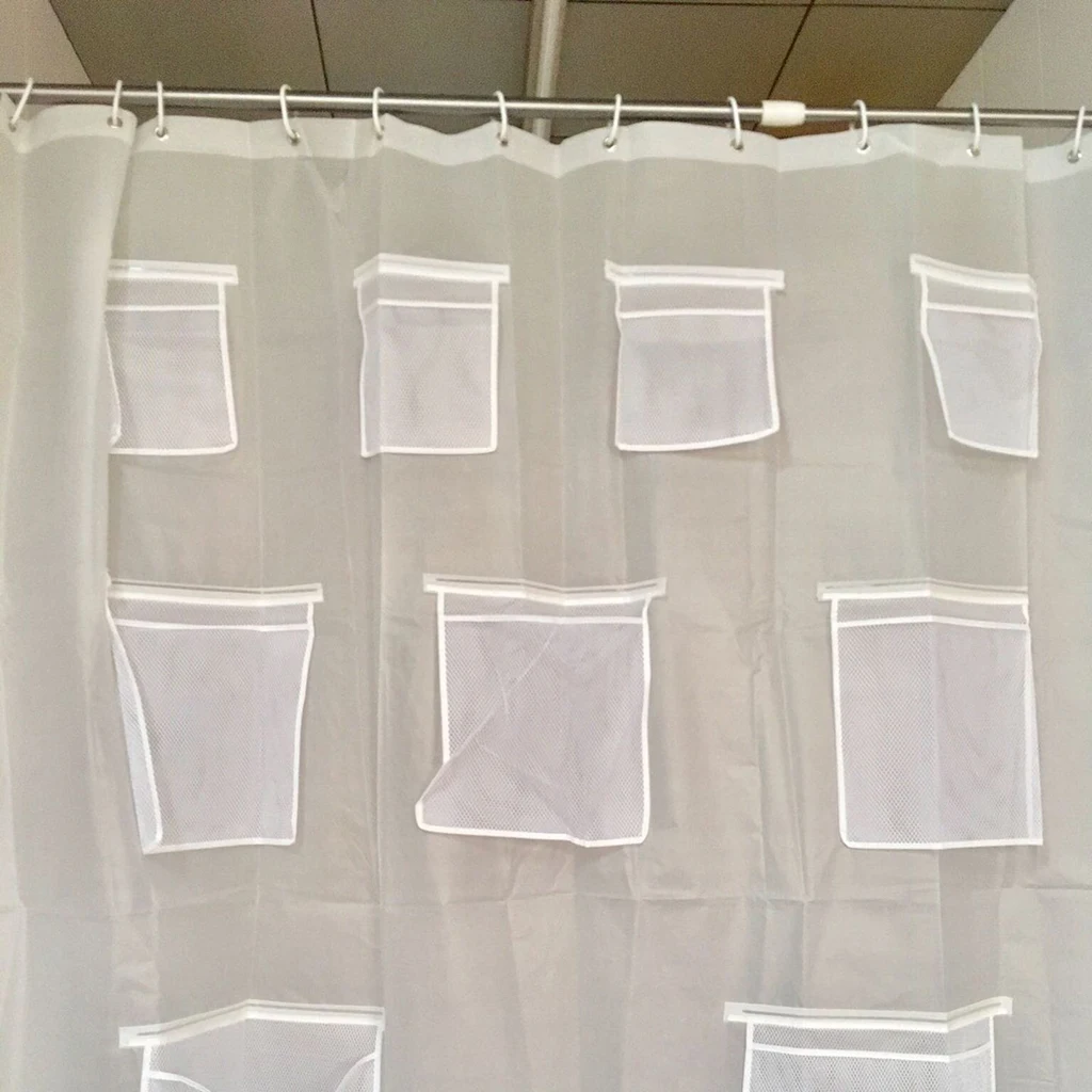 Bathroom Bathtub PEVA Shower Curtain Liner with Mesh Pockets Water Repellent for Home Hotel Dorm