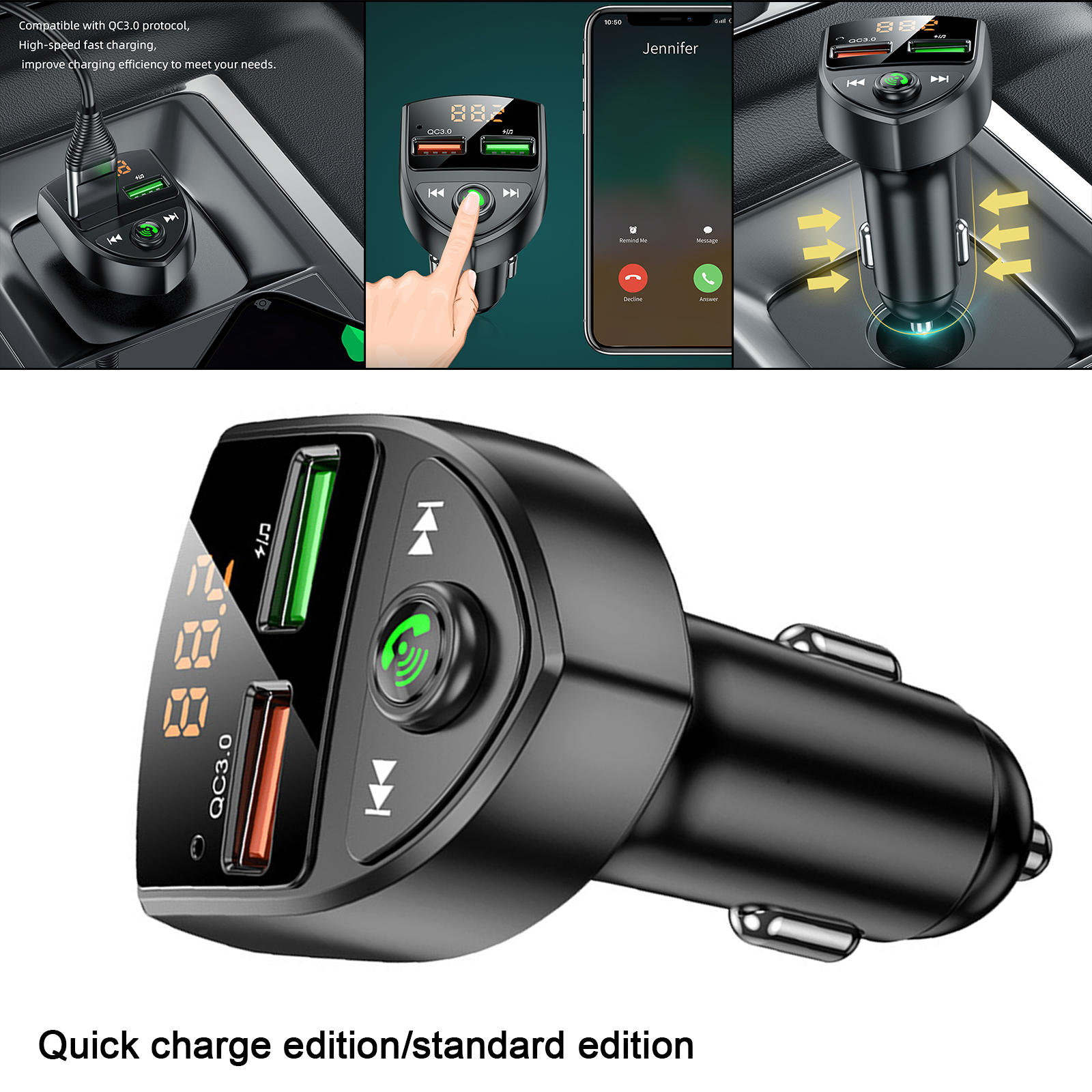 Wireless FM Transmitter USB QC3.0 Car PD20W Audio Adapter Handsfree Call Support TF Card