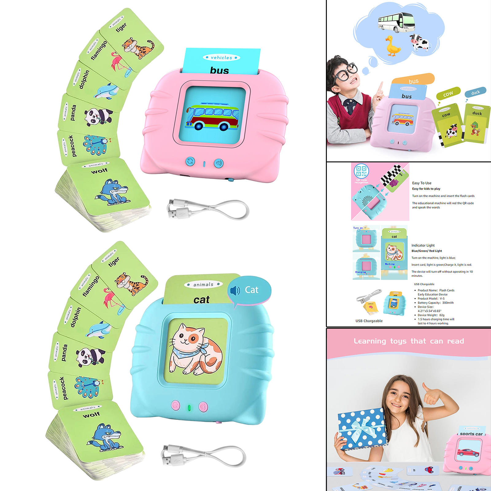 224Pcs Flash Cards Learning Machine Musical Educational Electronic Toy Interactive Toys with Sound Effects Audible for Age 2-6
