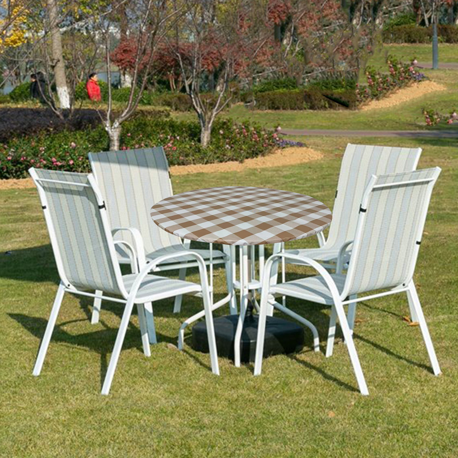 Elastic Edged Polyester Plaid Table Cover Polyester Waterproof Oilproof Round Tablecover Dust Proof Fits for 31.5-38inch Dia