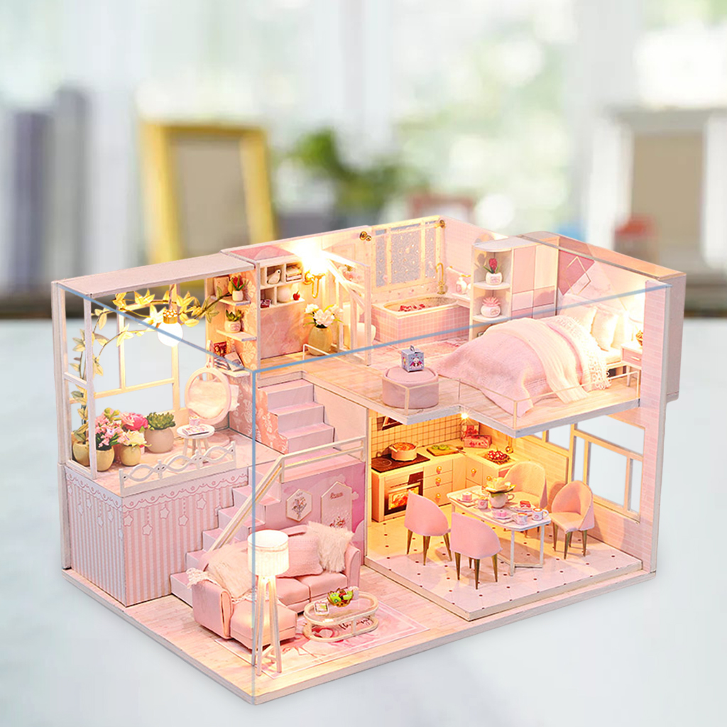 DIY Dollhouse Kit Plus LED Light & Dustproof Case Battery Case Wood Pink Cottage Creative Room Self Assembly Model for Girls