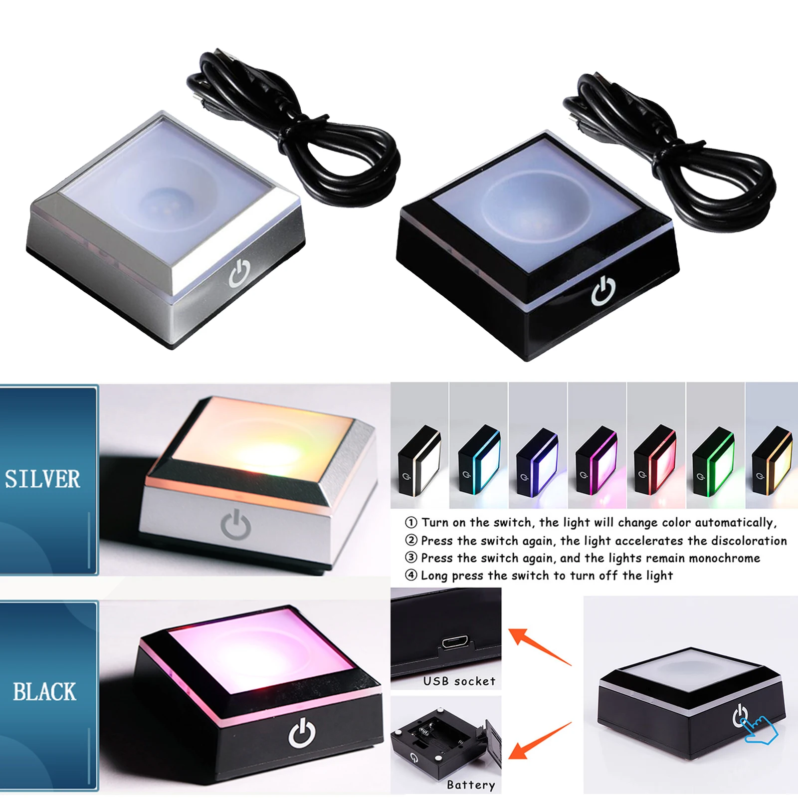 LED Light Base Lights Display Holder USB Powered Base Stand Glass Art Colorful Lighted Square Stand Display Plate