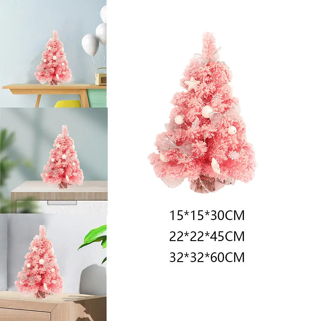 Mini Christmas Tree Birthday Gift Battery Powered Ornaments PVC Pink Artificial for Kitchen Home Tabletop Children Girls