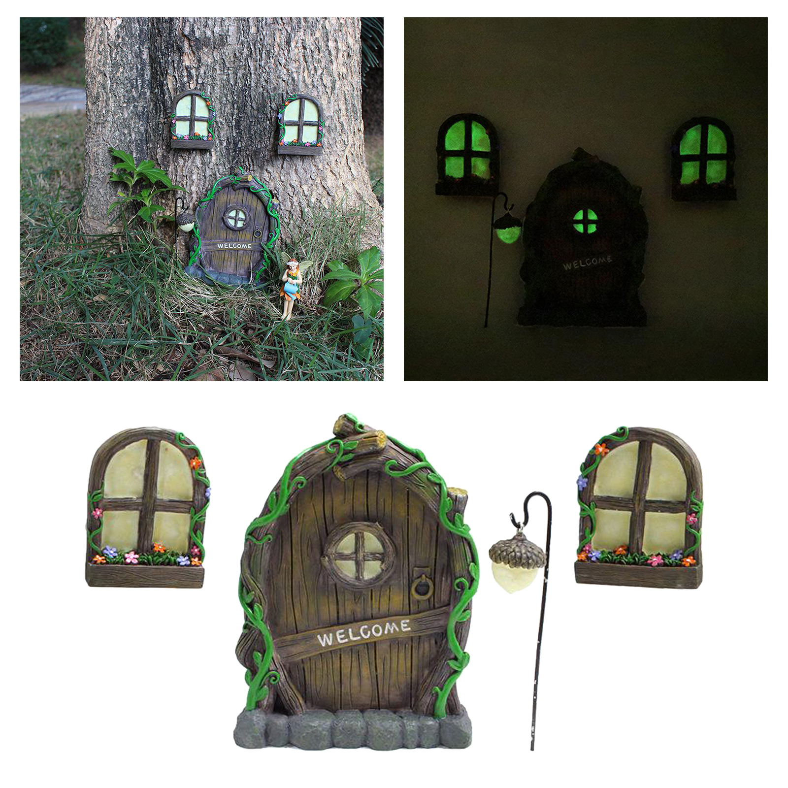 Miniature Fairy Elf Home Door and Windows, Cute Tree Decor Art Decorations, Window Can Glow in the Dark