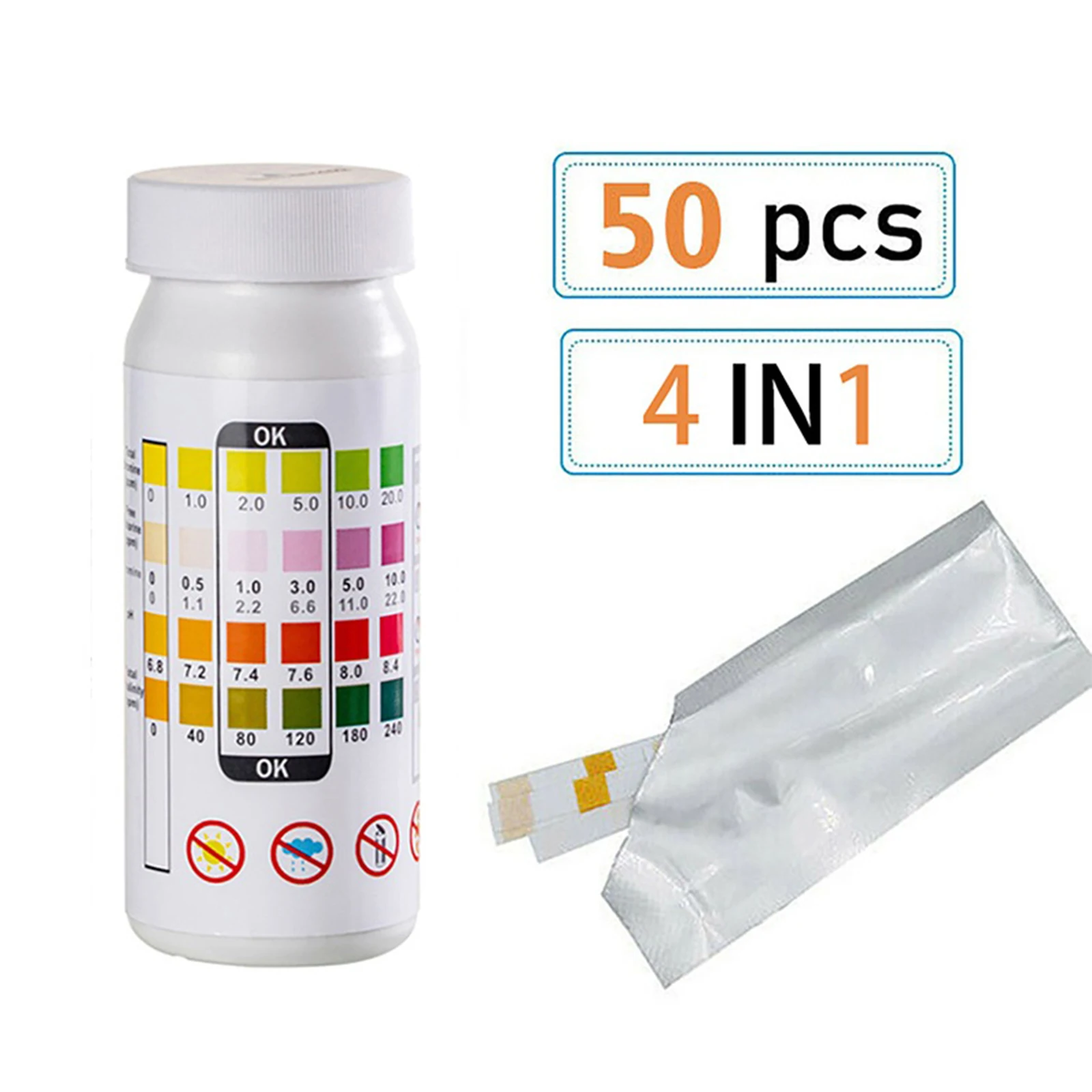 50 Count Swimming Pool Water Quality 4-in-1 Test Strip Paper Residual Chlorine PH Value