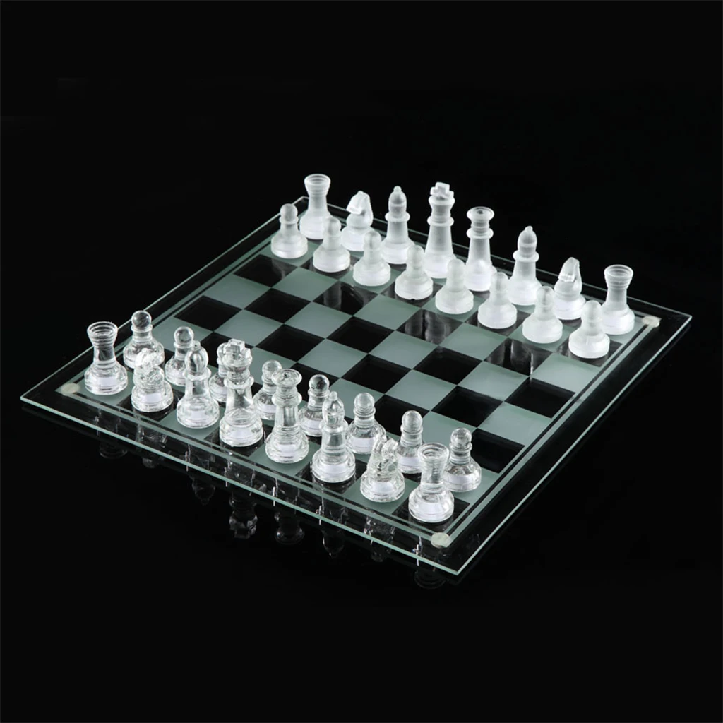 Glass Chess Set, Elegant Design - Durable Glass - 32 Frosted and Clear Pieces - Felted Bottoms