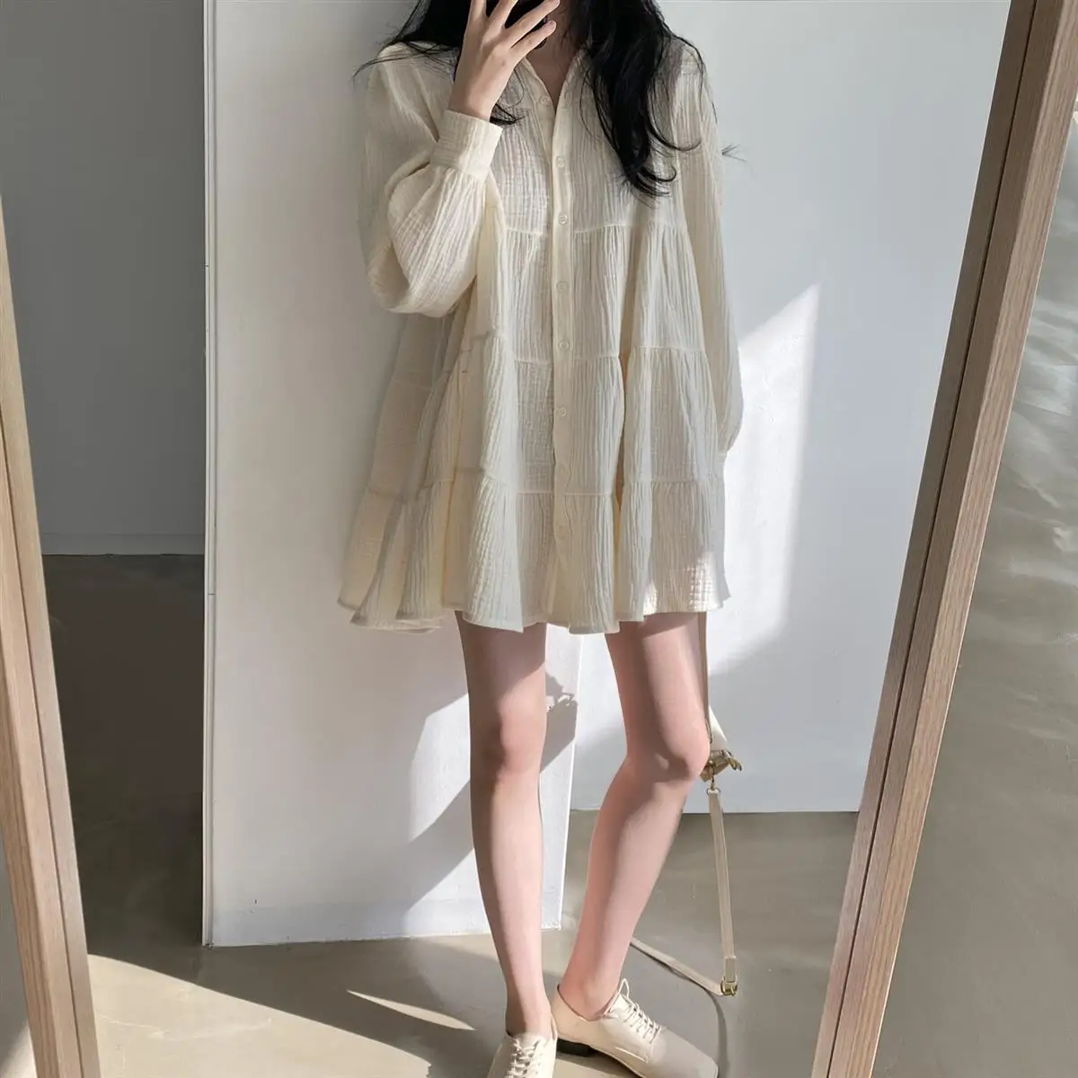 Long Sleeve Dress Women Ins Ulzzang Spring Lovely Solid A-line Ruffles Korean Apricot Fashion Retro Turn-down Collar  Clothes boho dresses