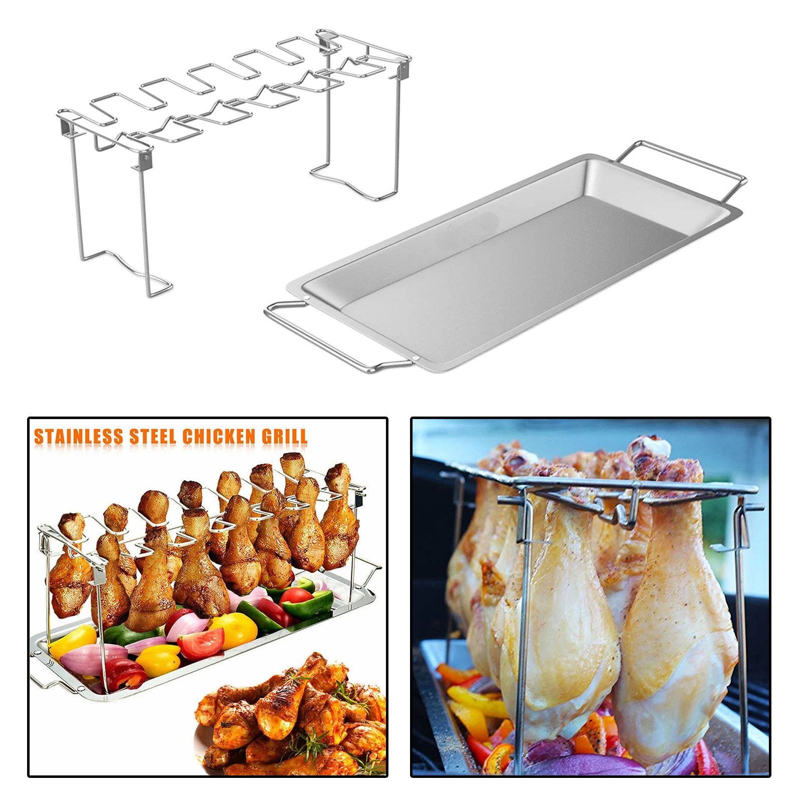 Folding Chicken Leg & Wing Holder Rack Grill Stand Roasting BBQ Steel Outdoor Grill with Drip Tray for Smoker Grill or Oven