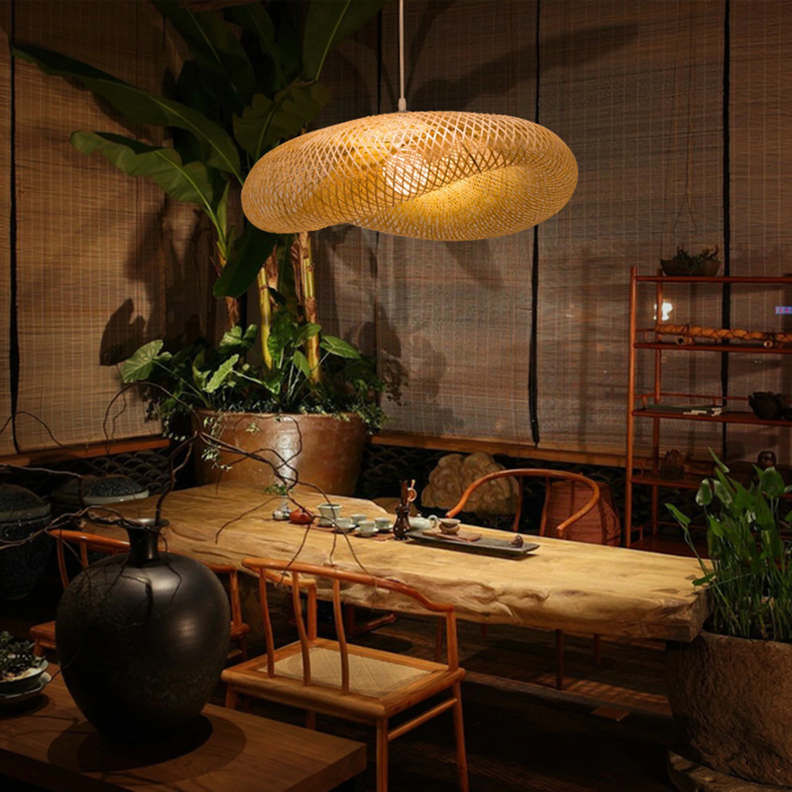 H03d94dd6ff9f43e38f22f28066243ea4p Retro Bamboo Weaving Chandelier Lamp Hanging LED Ceiling Lamp Droplight Fixtures for Restaurant Living Room Bedroom Decoration
