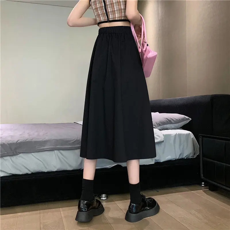 Korean Elegant Skirt for Women Summer Casual A-Line Kawaii Midi Skirt Female Designer Solid High Waist Fit Chic Sweet Skirt 2021 black midi skirt