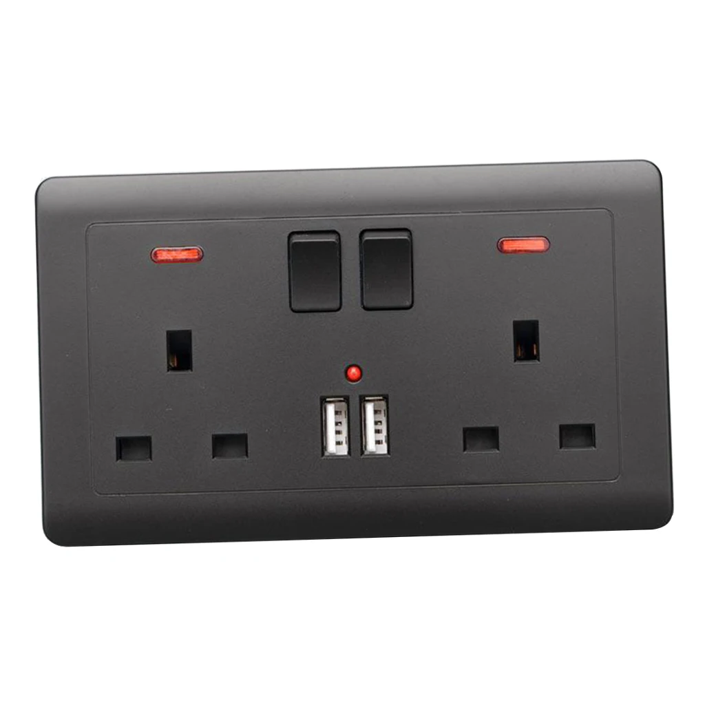 Double Wall UK Plug Socket 2 Gang 13A with 2 USB Charger Outlets, Black