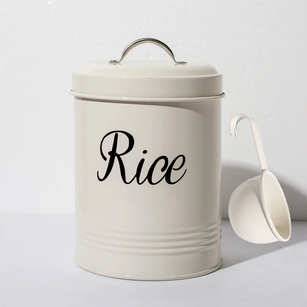 White Metal Kitchen Food Rice Storage Tin Jar 3L Canister Case 5.9x7.5 inches