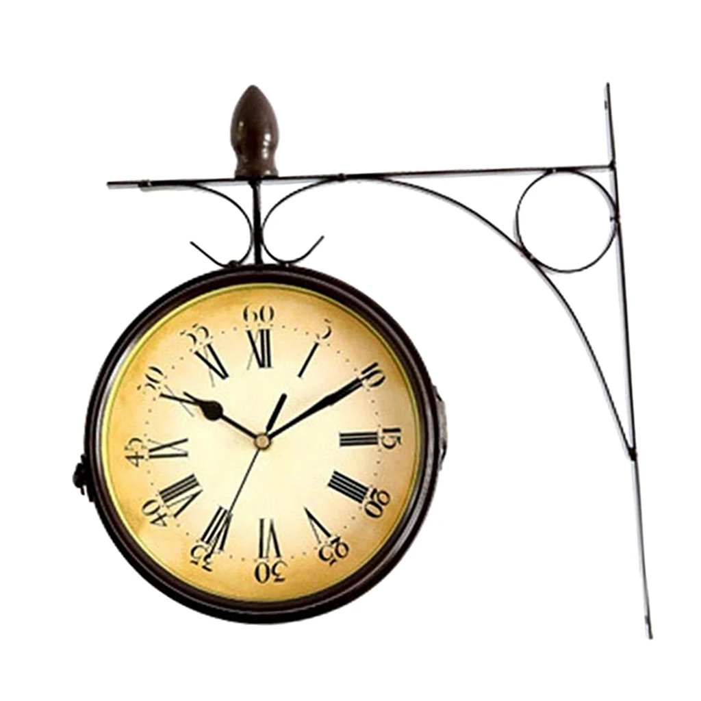 Outdoor Garden Wall Station Clock Double Sided Vintage Mute Clock Black