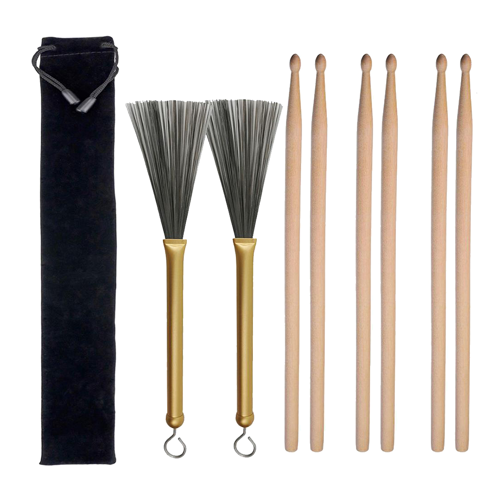 6pcs Wood Drum Sticks 5A Hard 2pcs Drum Wire Brushes Aluminum W/ Storage Bag