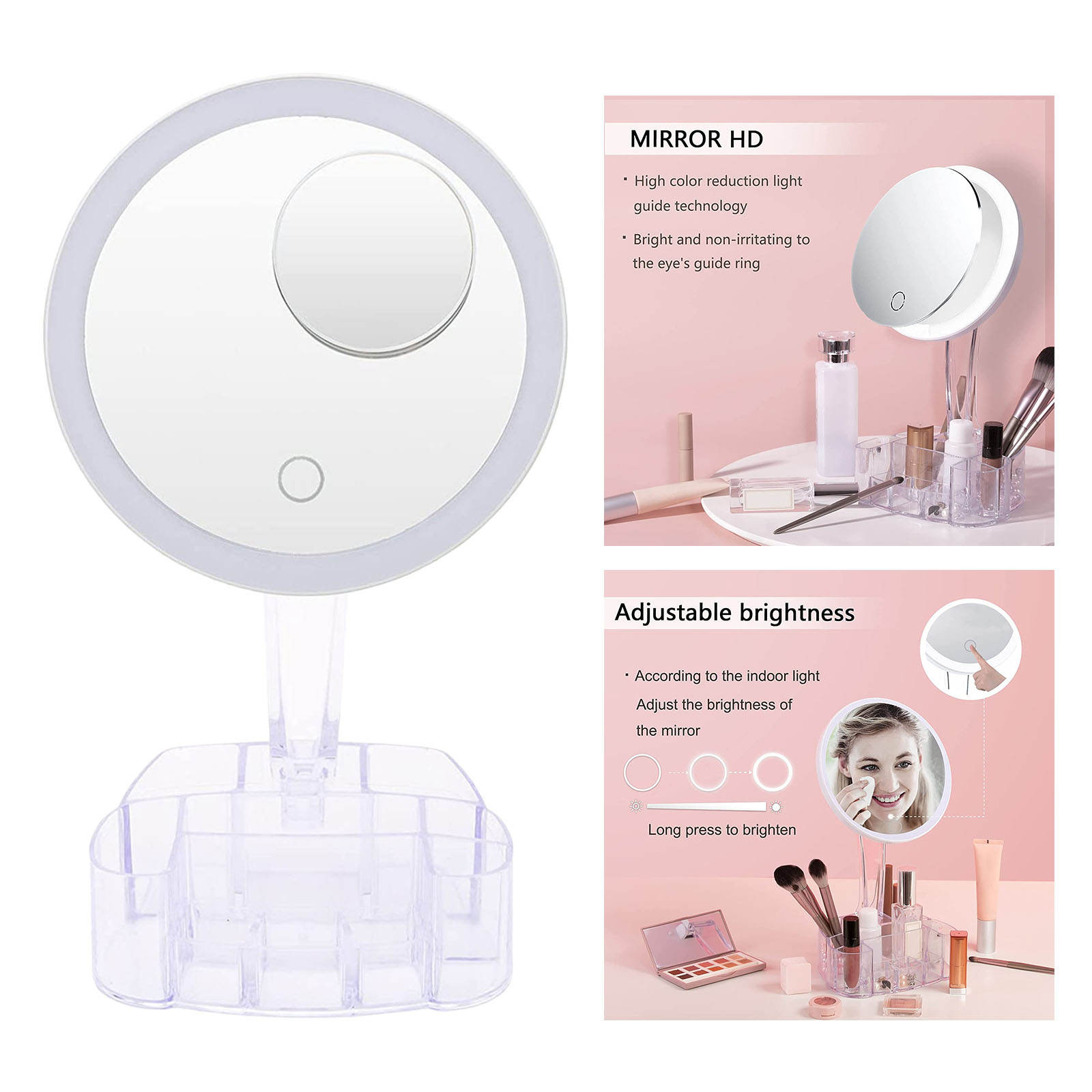 Makeup Mirrors w/ Storage Box Dimming Vanity w/ Detachable 10X Magnification Touch Screen Powered by Battery