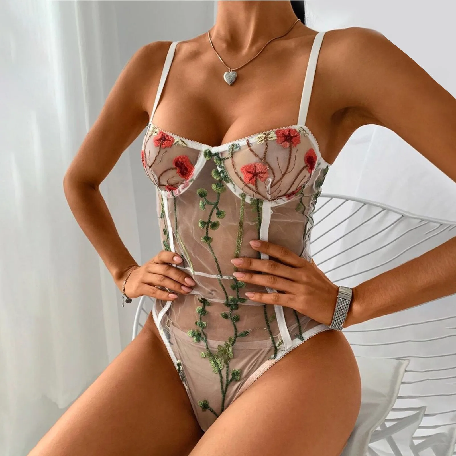 Floral Embroidery Sexy Bodysuit Women Push Up Lingerie Exotic Women Sexy Spaghetti Strap Bodysuit Transparent Lace Lenceria red bra set