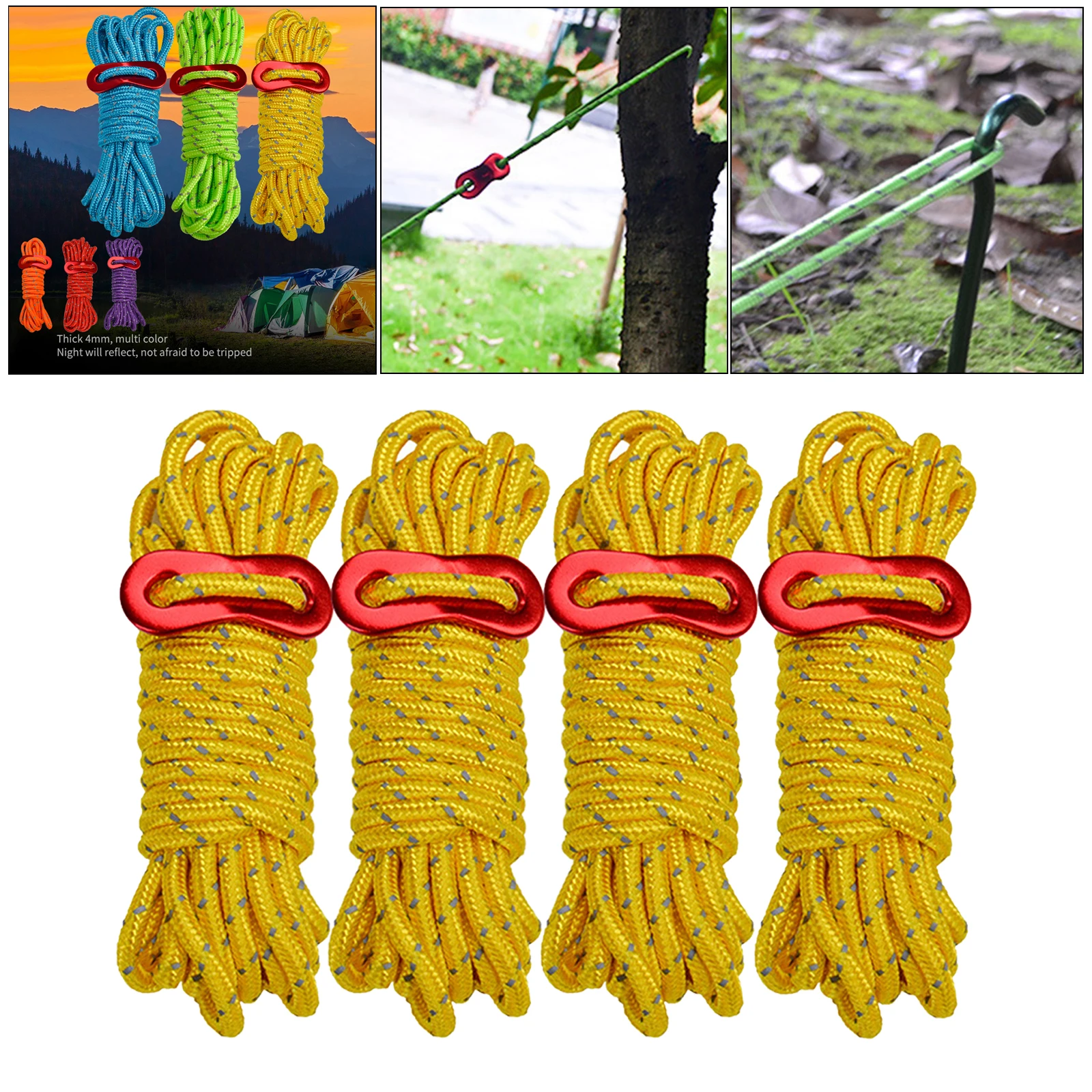 4 Pieces 4mm Fluorescent Reflective Guyline Tent Rope Camping Cord Paracord, 13 Feet