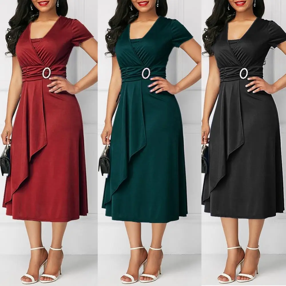 Plus Size Elegant Women Solid Color Short Sleeve V Neck Asymmetric Hem Waist Tight Midi Party Dress Ladies Evening Vestidos cocktail dresses