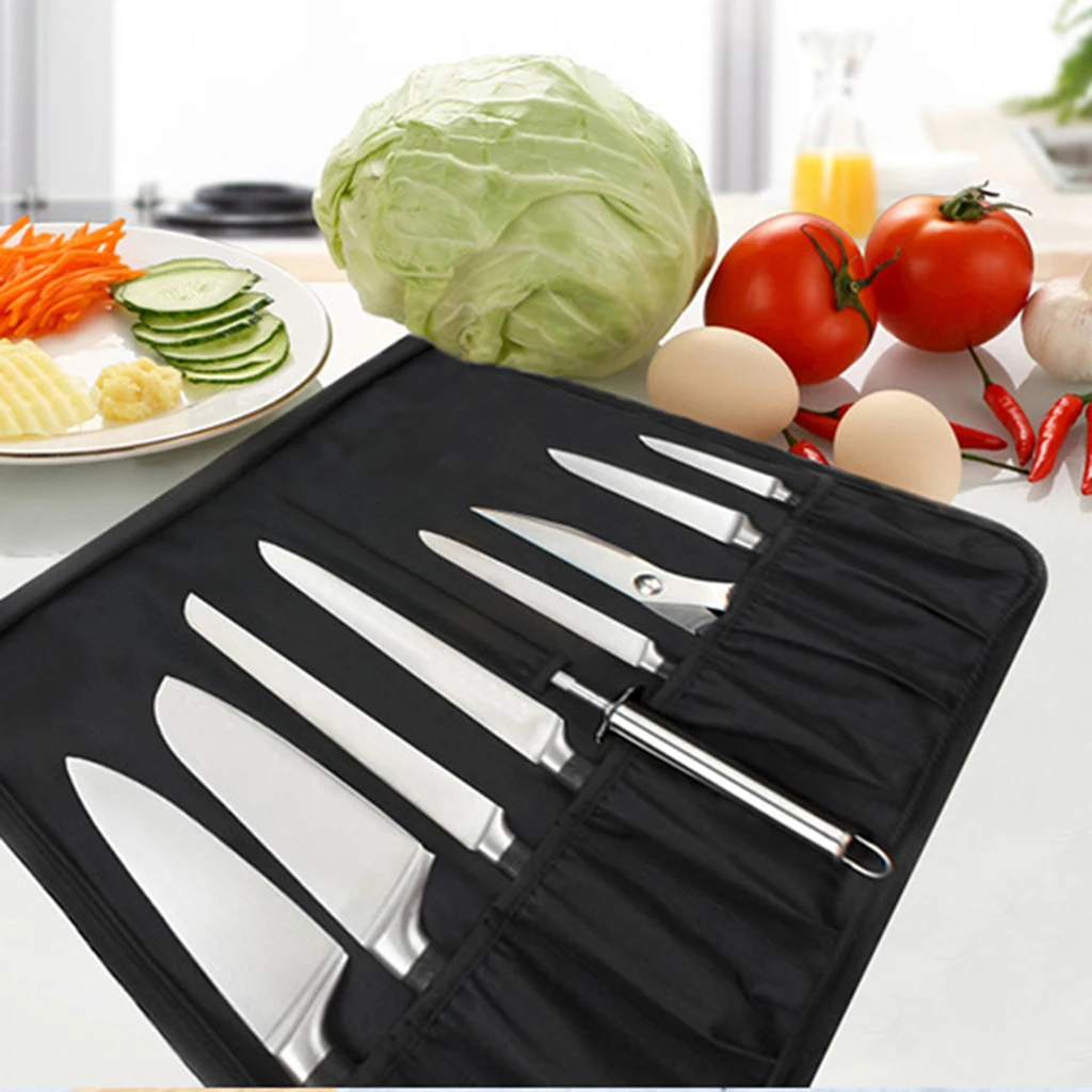 8 Pocket Fabric Chef Knife Roll Bag Travel-friendly Knives Storage Case