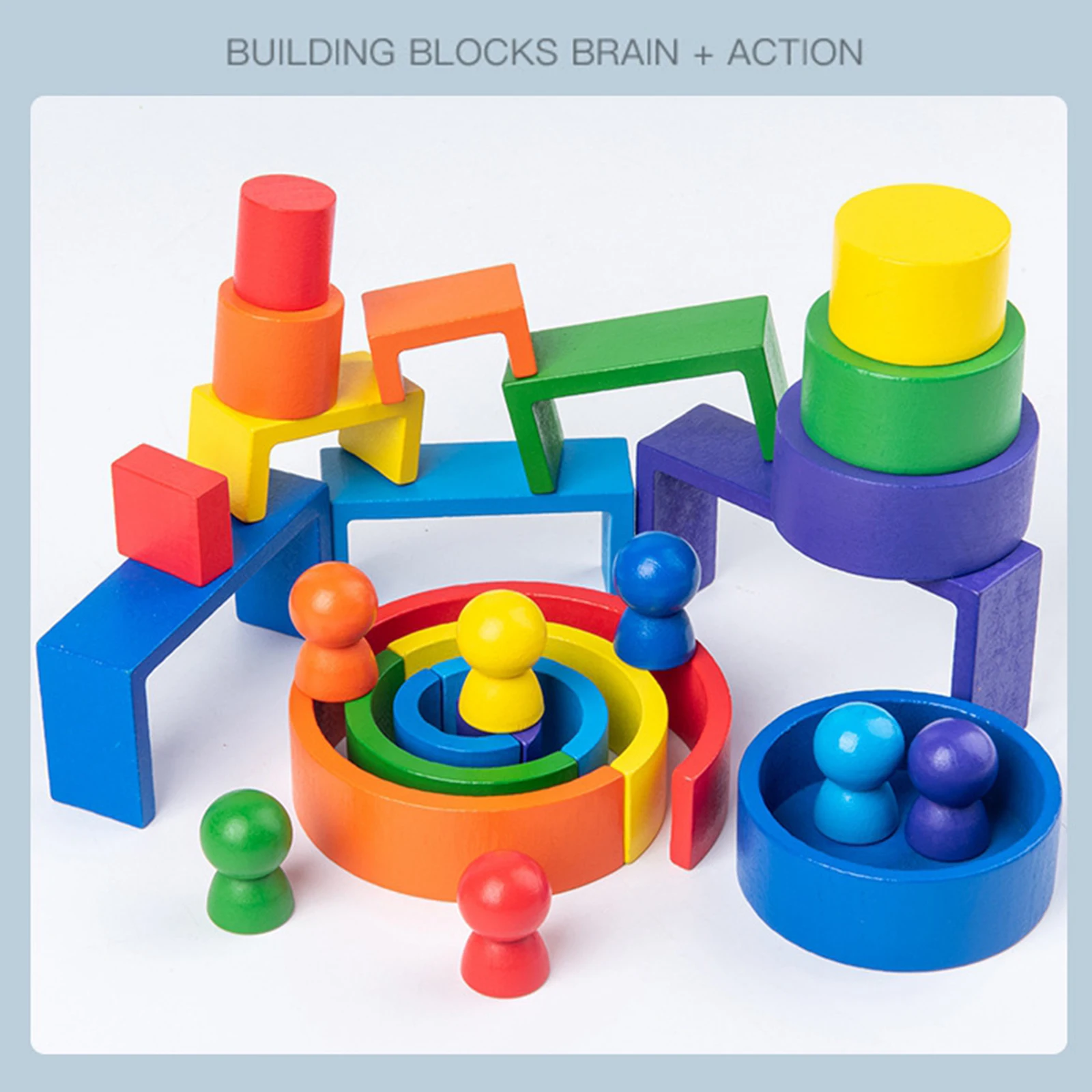 Color Shape Educational Puzzle of Rainbow Building Blocks Wooden Stacking Toy