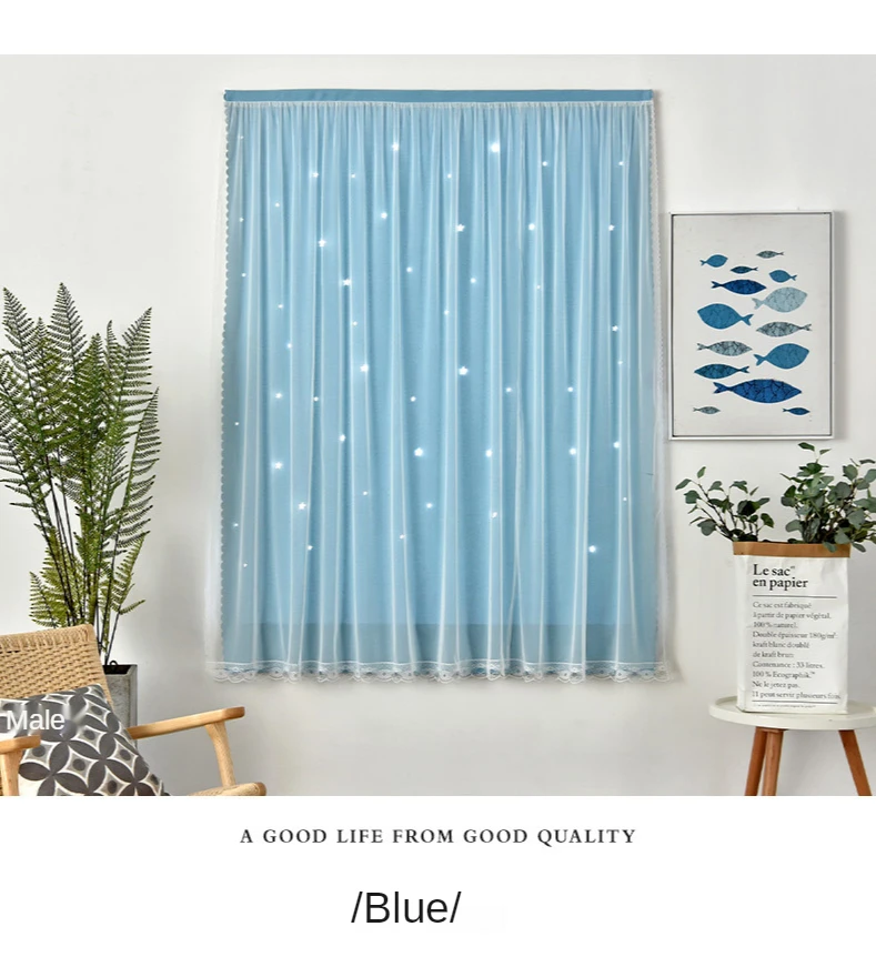 Full Blackout Curtains for Living Room and Bedroom Ins Solid Color Hollow Star Velcro Curtain Heat Insulation  Cloth with Yarn