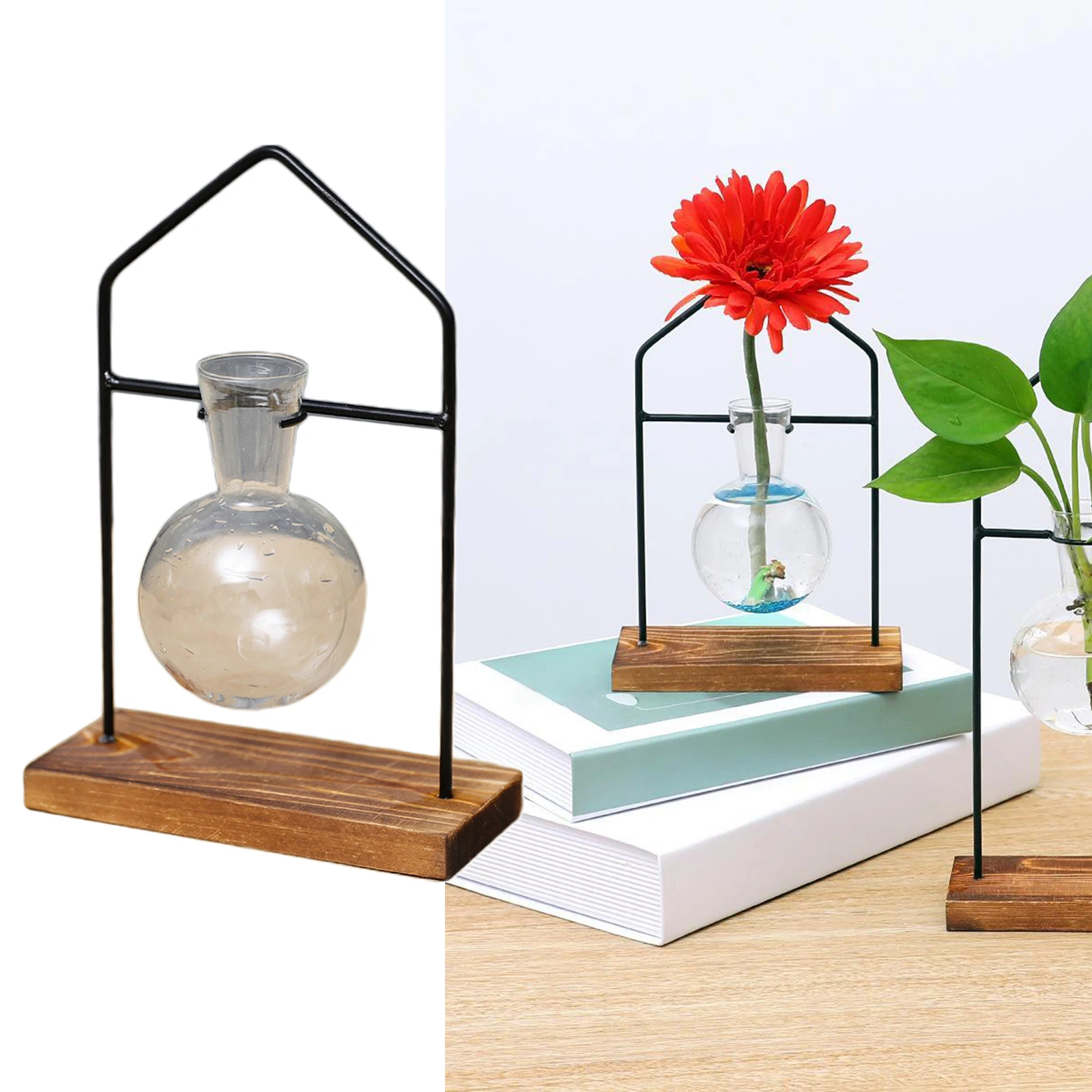 Plant Glass Vase Hydroponic Flower Pots with Wooden Stand Terrarium Home Decor