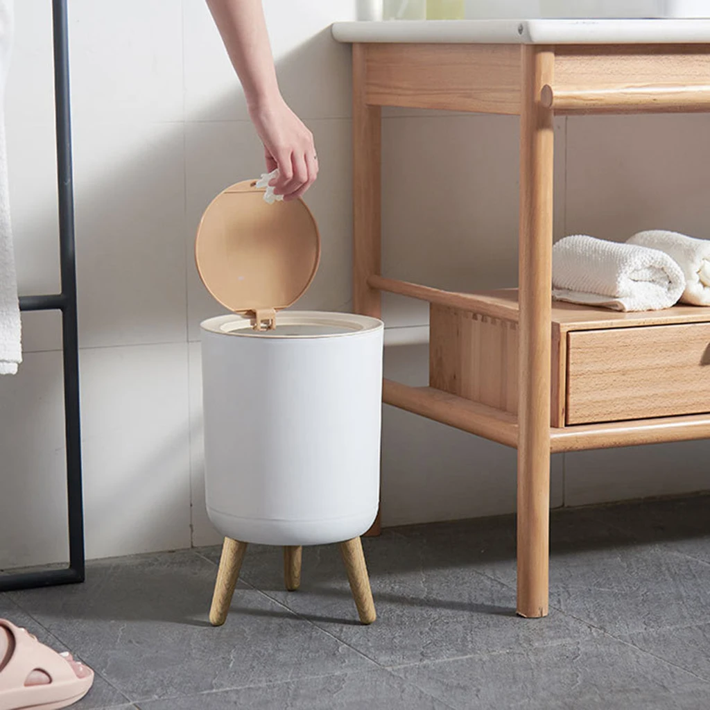 Nordic Style Garbage Container Trash Can Press Lid Bathroom Powder Room Bedroom Toilet Office Countertop Imitation Wood Grain