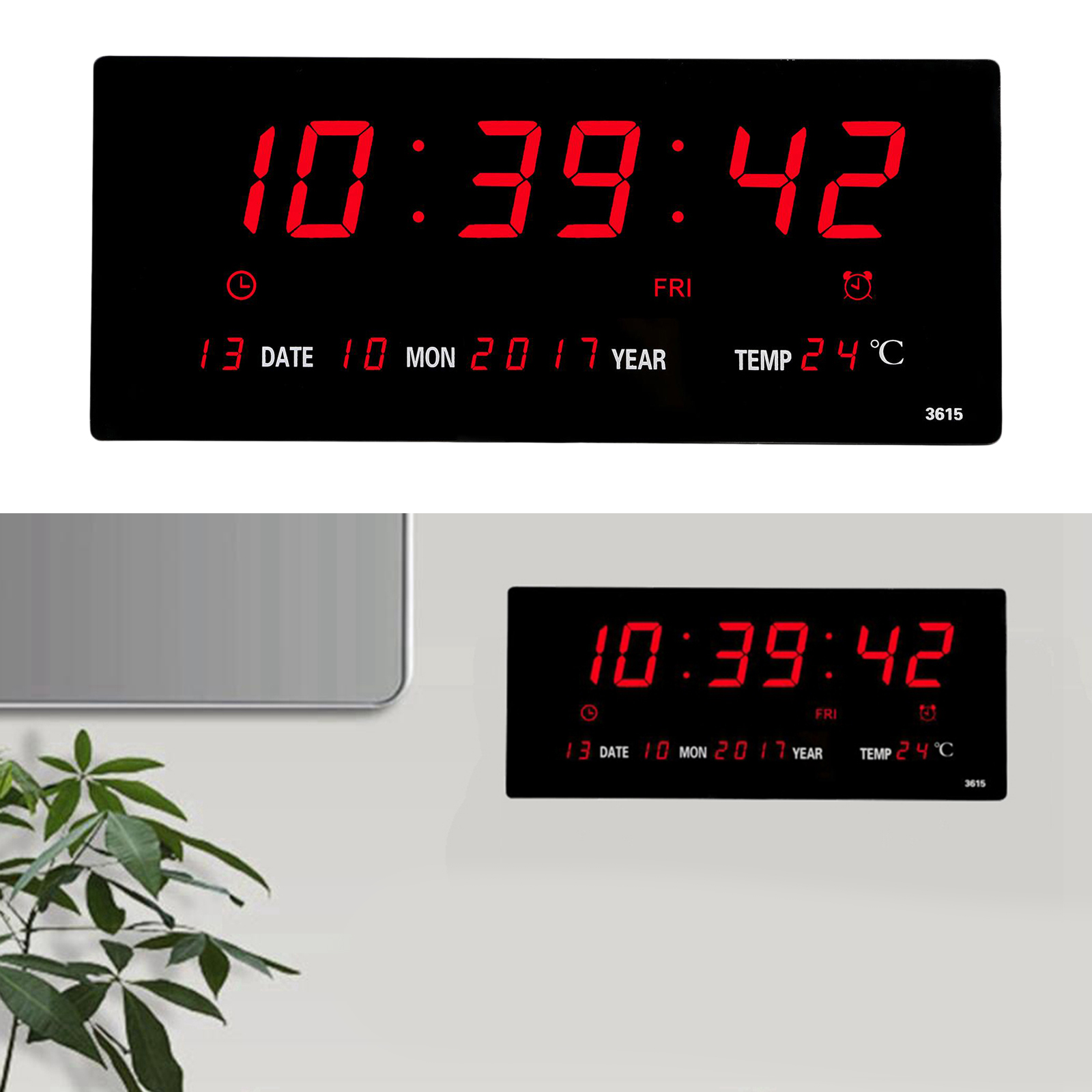 Extra Large LED Screen Alarm Clock 12H 24H Time Indoor Thermometer Projection Clocks, Year/Day/Month Displaying, USB