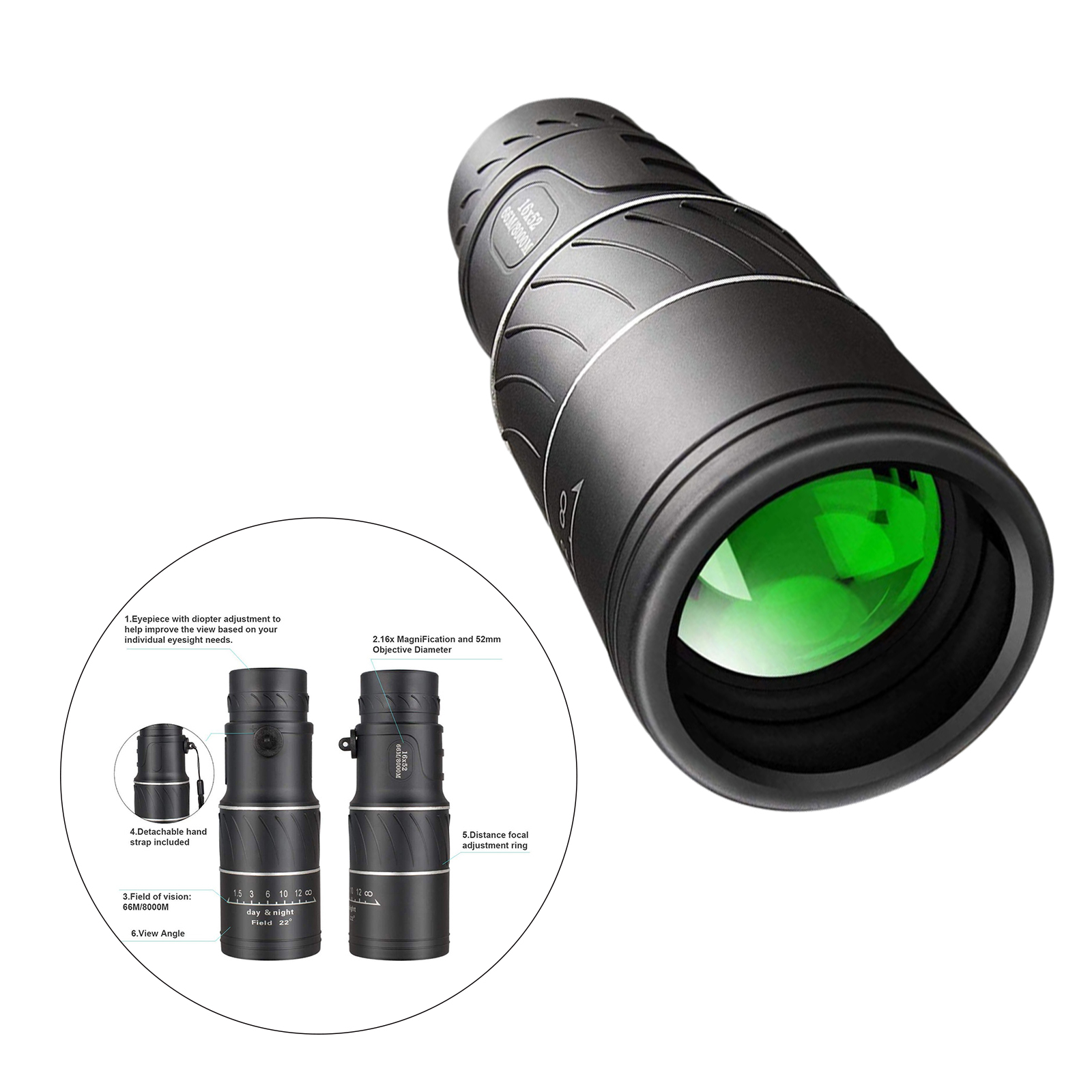 16x52 Monocular Dual Focus Optics Zoom Telescope 66m/8000m High Power BAK4 Prism for Bird Watching Hunting