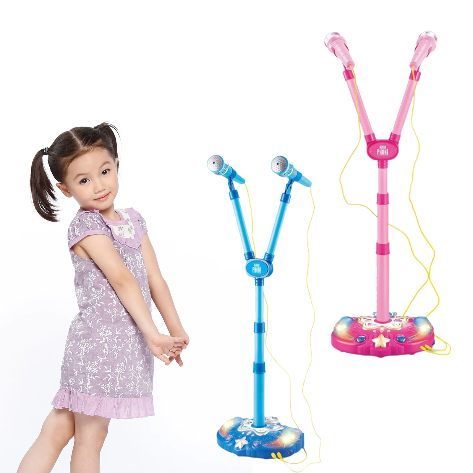 Double Microphone With Light Gift Girls Sound Early Education Music Instrument Learning Wired Karaoke Toy Adjustable Stand Gifts