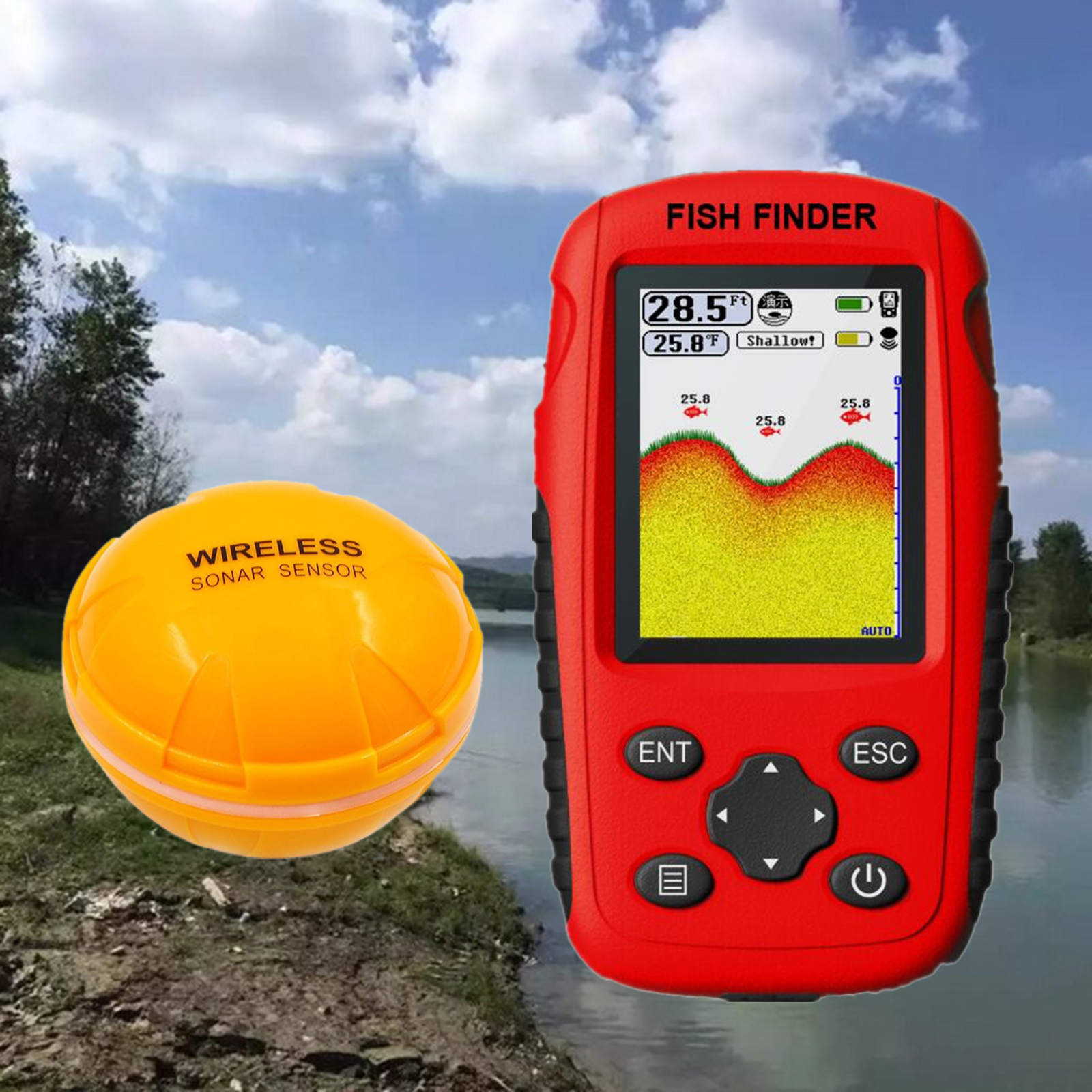 Portable Fish Finder Wireless Sonar Sensor Fishfinder Depth Locator with Fishes Size, Water Temperature, Bottom Contour Display