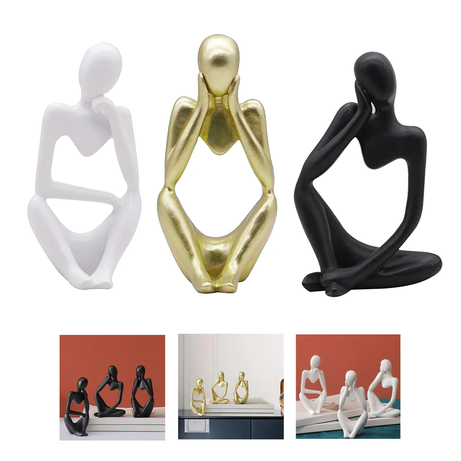 3Pcs Thinker Sculpture Office Bookshelf Figurines Desktop Tabletop Ornament
