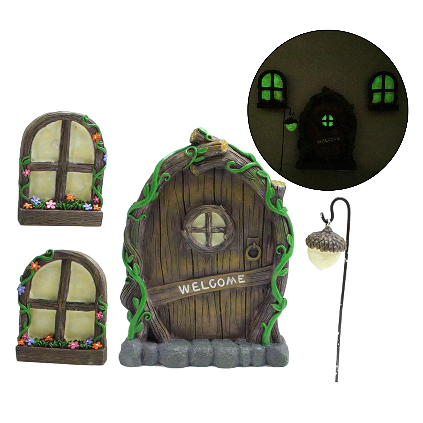 Miniature Fairy Elf Home Door and Windows, Cute Tree Decor Art Decorations, Window Can Glow in the Dark