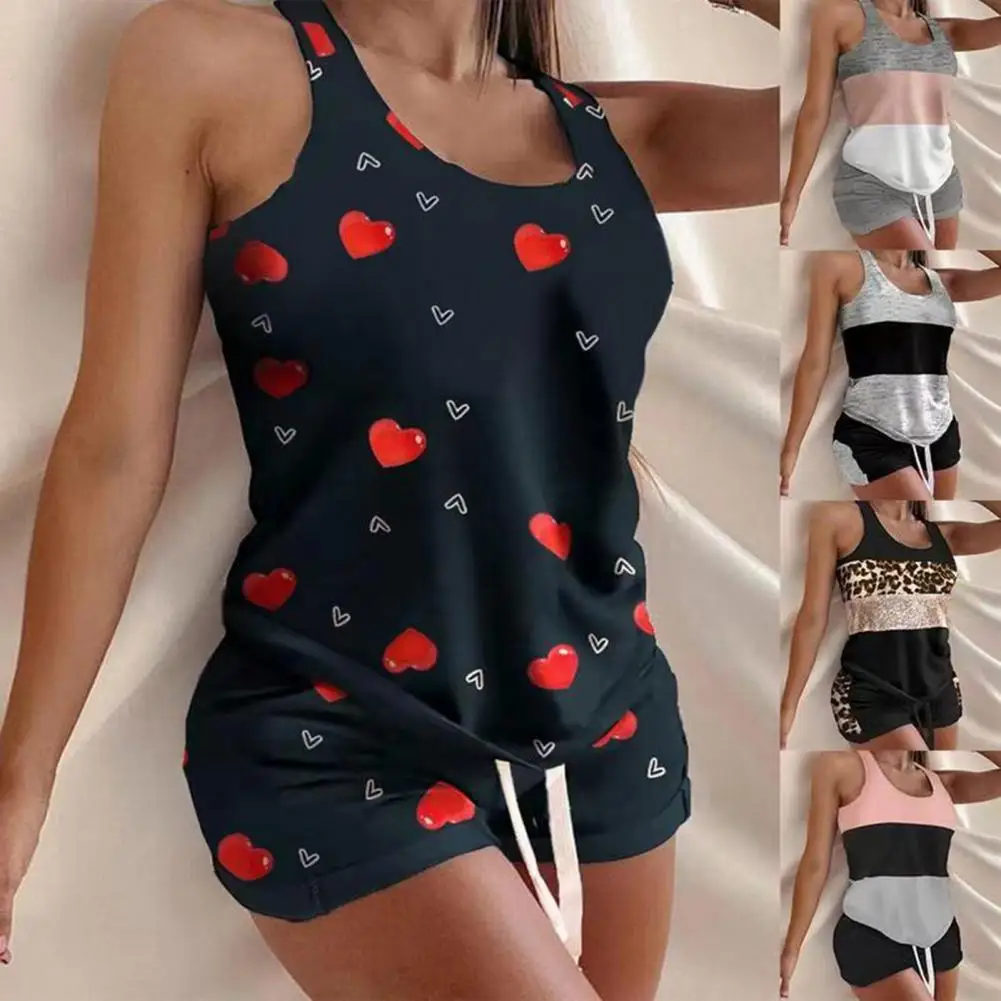 2Pcs/Set Casual Outfit Sleeveless Top Set Round Neck Comfortable Summer Slim Splicing Design Drawstring Camisole Set for Home matching lounge set