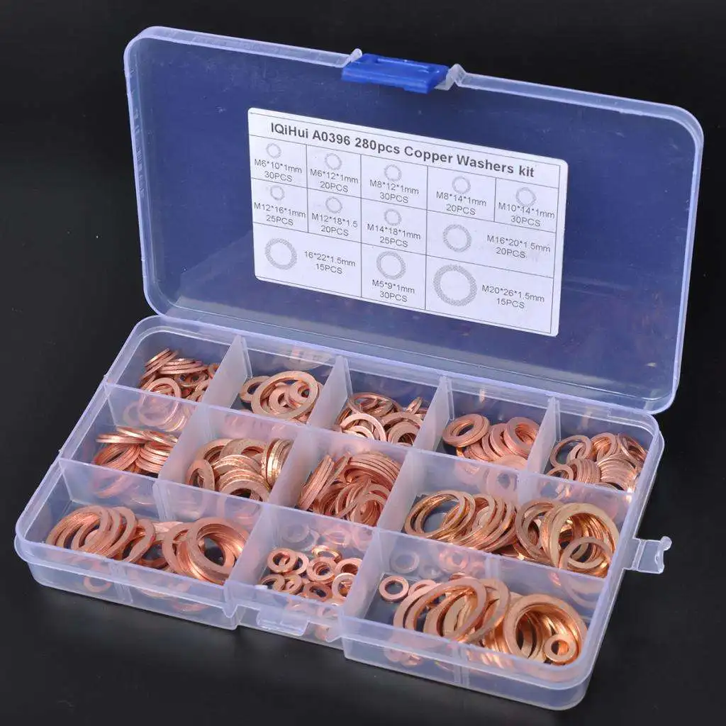 280Pcs 12 Sizes Solid Copper Crush Washers Seal Flat Ring Set With Box Universal 
