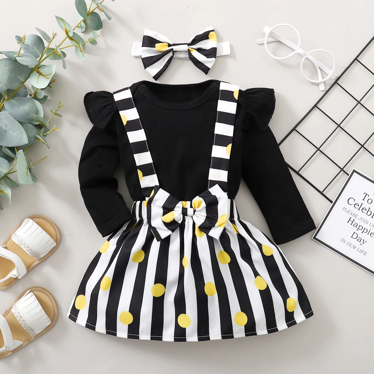best Baby Clothing Set 3Pcs Newborn Dress Baby Girl Dress Romper + Bow Dot Striped Print Suspender Skirt Fashion Long Sleeve Spring Autumn Winter Dress warm Baby Clothing Set