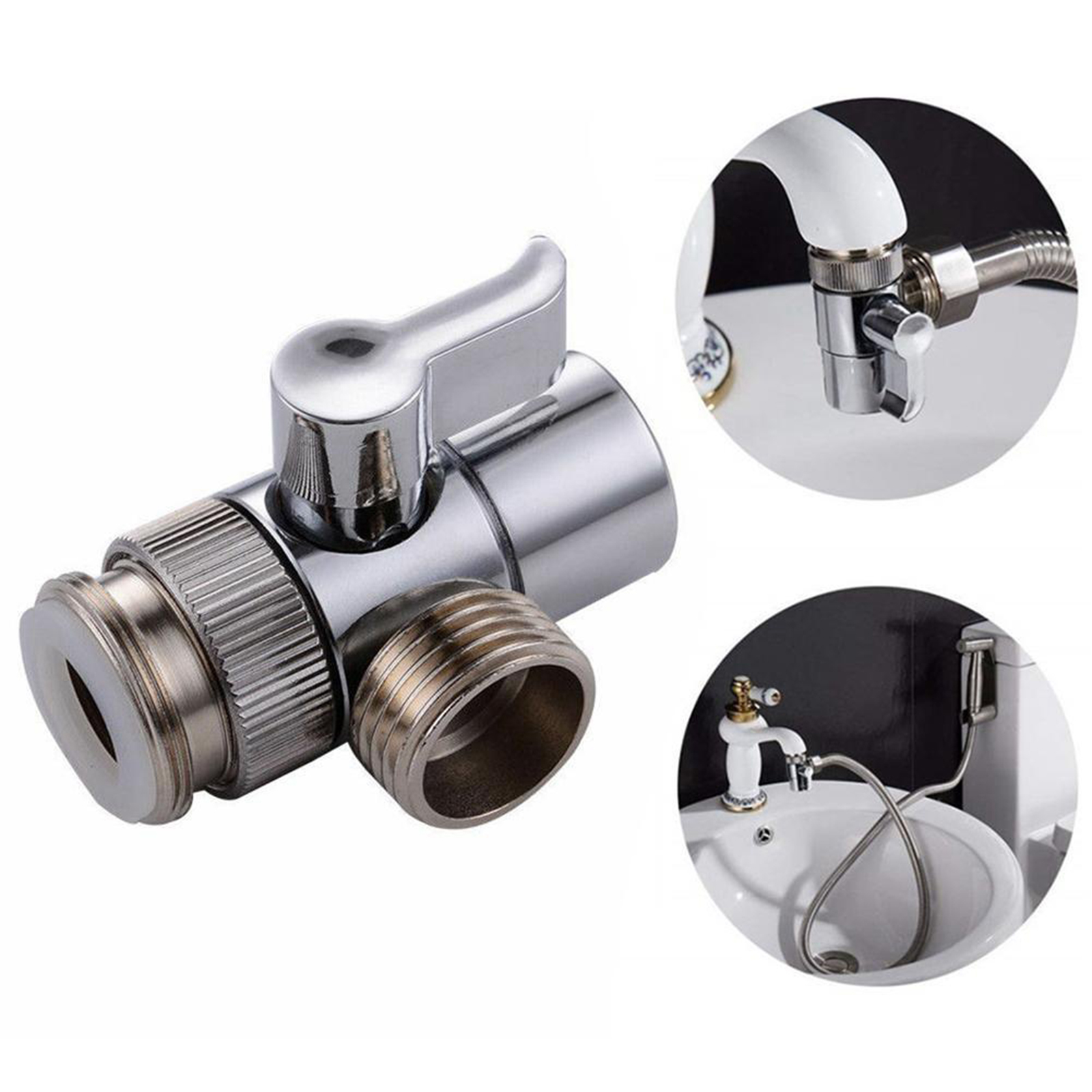 3 Way Metal T-Adapter With Shut-Off Valve Connector Solid Brass Shower Arm Diverter Valve Handshower