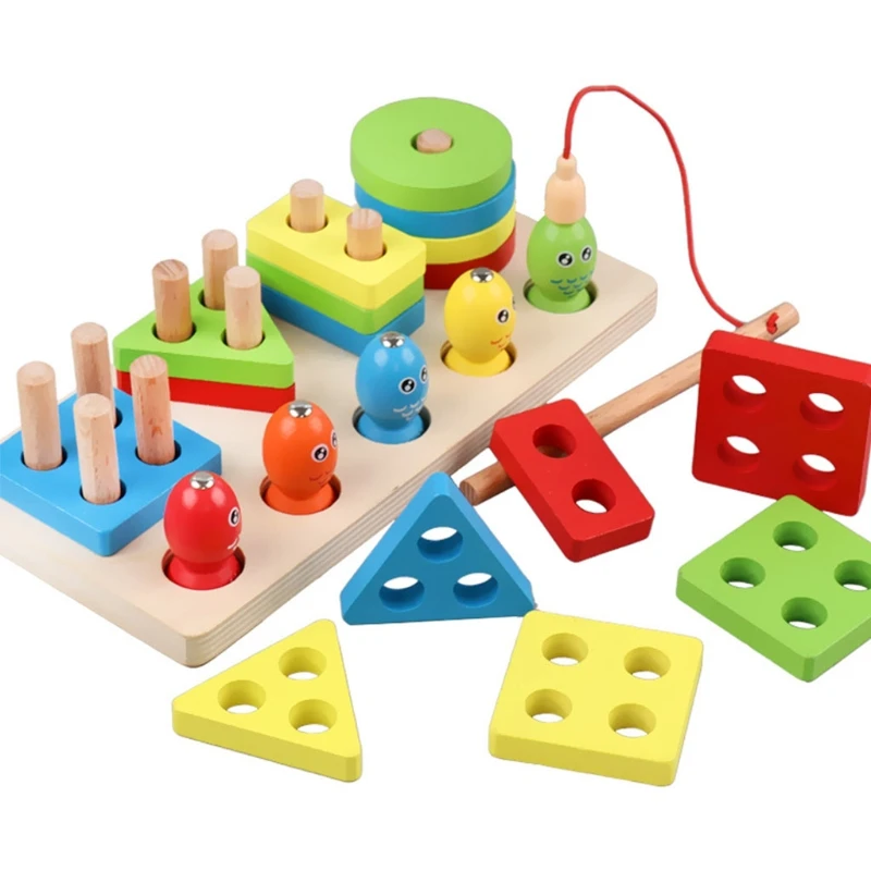 Wooden Wood Kids Fishing Numbers Shapes Colours Stacking Educational Toy Gift 