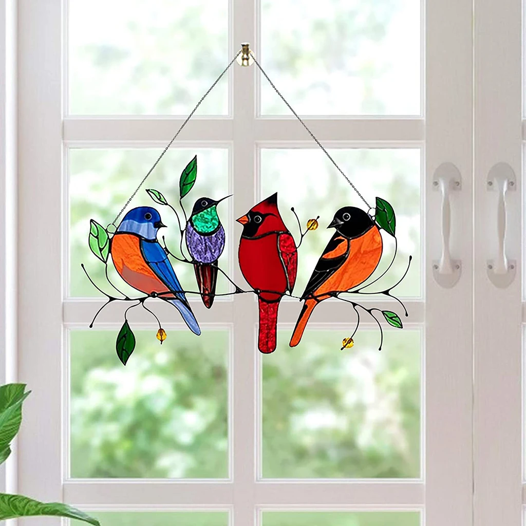 Hummingbirds Birds on a Wire Stained Glass Window Hanging Acrylic Panel  Outdoor Garden Home Decor Ornament Gift