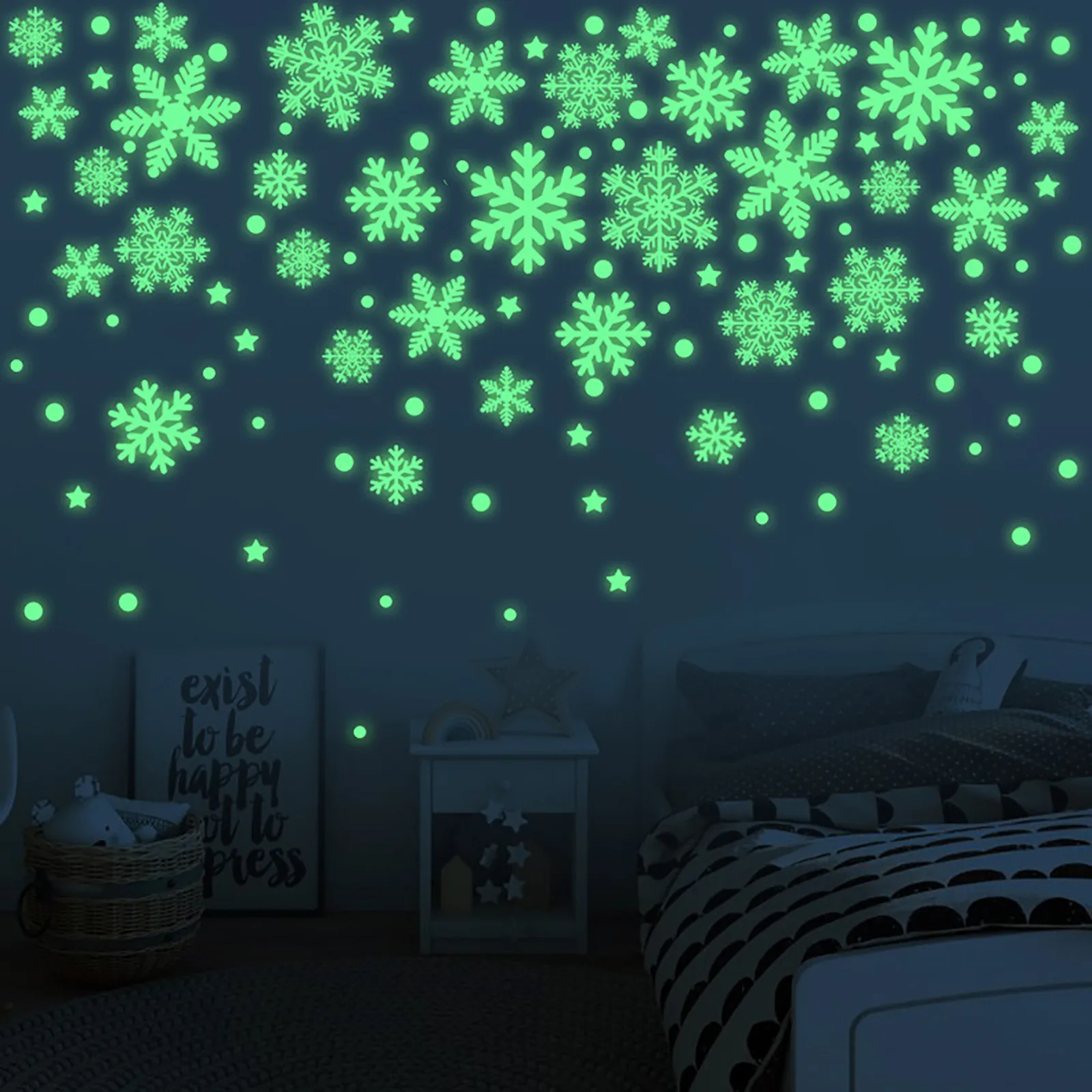 50 Christmas Snowflakes Glow in the Dark Wall Stickers Wall Bedroom Decor BS 