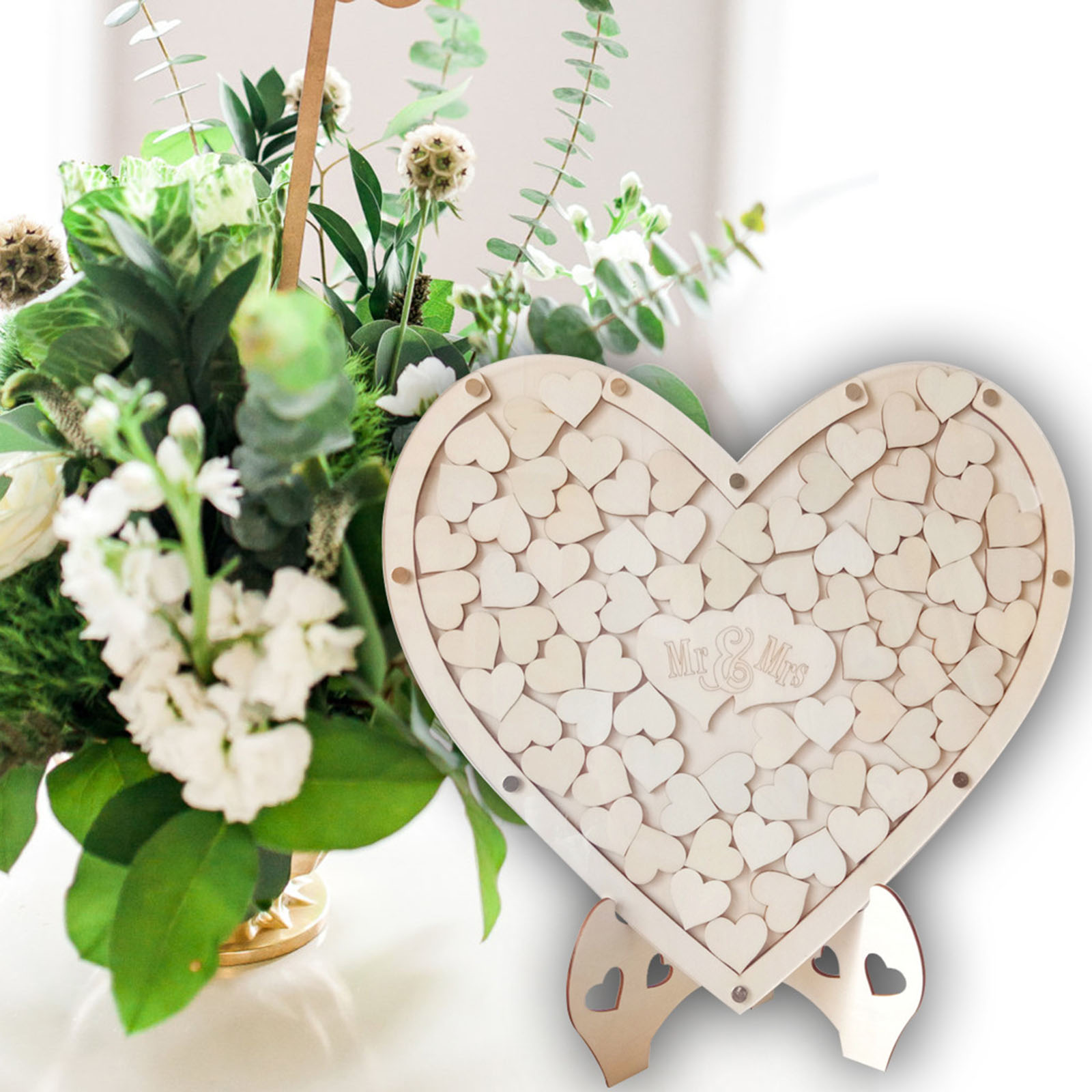 Wedding Guest Book Personalized   Sign Book with 75pcs Boxwood Blank Hearts Rustic Wedding Guestbook