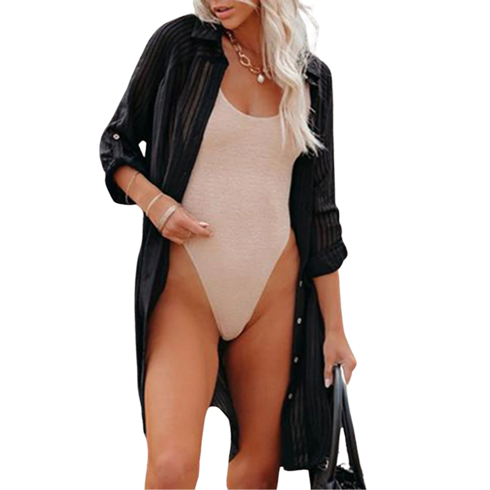 bathing suits and cover ups hirigin Women Loose Style Shirt with Waistband Fashion Boluse Solid Color Long Sleeve Collared Blouse Tops for Ladies 3 piece swimsuit with cover up