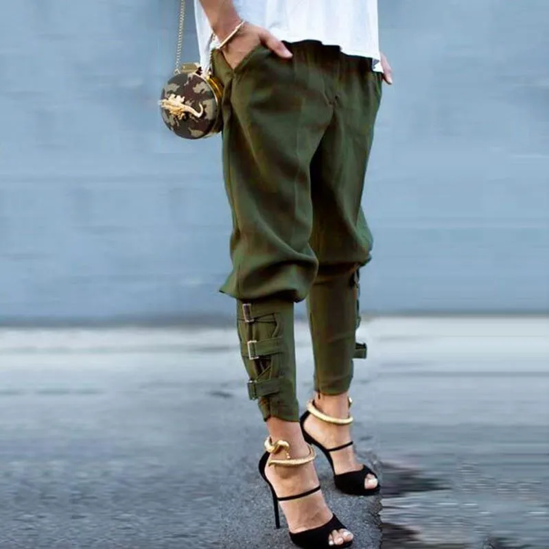 Women's solid color casual tie trousers foot pants pencil pants adidas pants