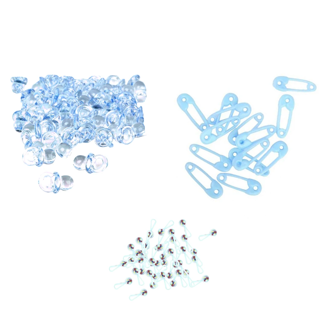 150pcs Blue Mini Rattles Safety Pins Pacifier Charms Table Scatters Decoration Christening Baby Shower Supplies