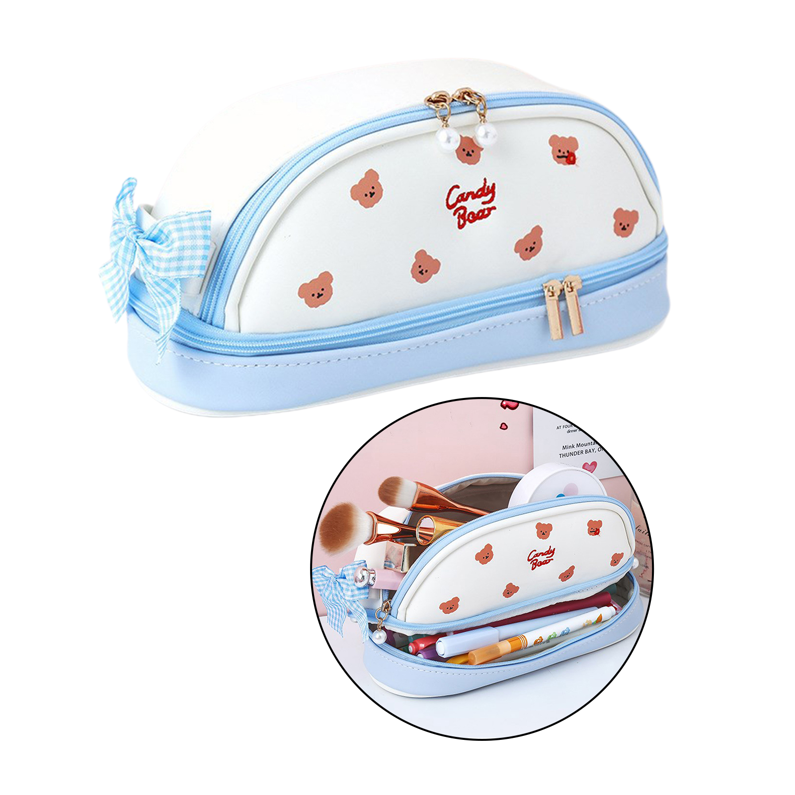 Lovely Pencil Case Stationery Storage Dual Zippered Pen Pouch Cosmetic Bag for Girls Gift