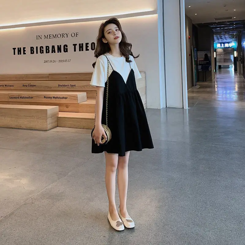 Short Sleeve Dress Women All-match Large Size Patchwork College Ulzzang Summer Leisure A-Line 2021 Simple O-Neck Newly Oversized black dress